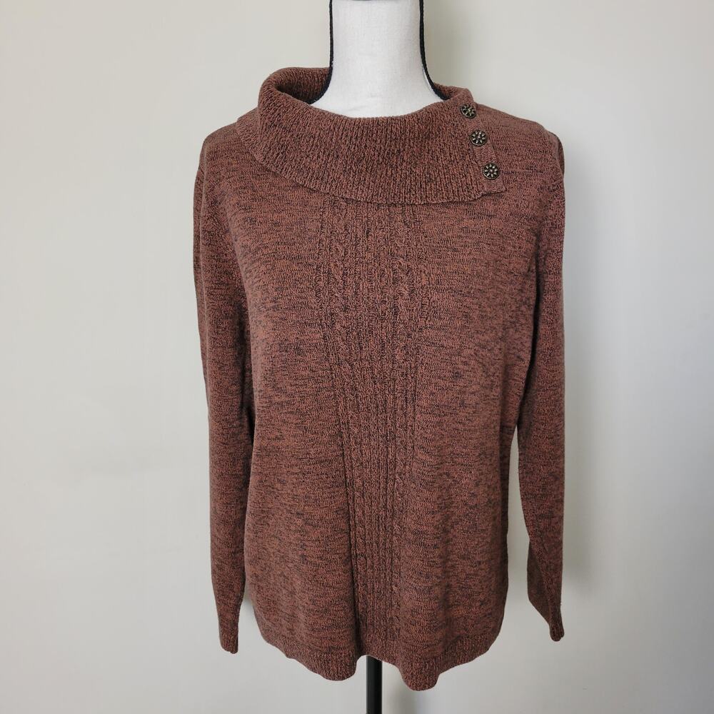 Christopher & Banks Lg Cowl Neck Brown Heathered Long Sleeve Cable Knit Sweater